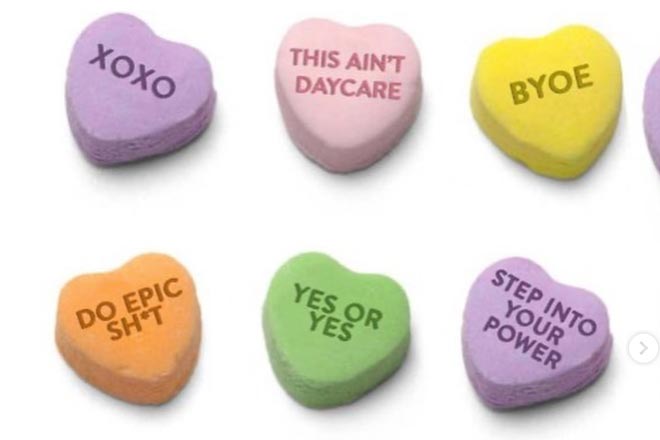 Candy hearts featuring Peloton quotes