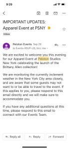 With record-breaking rains creating flash flooding in the NYC area, Peloton reached out to guests ahead of the event