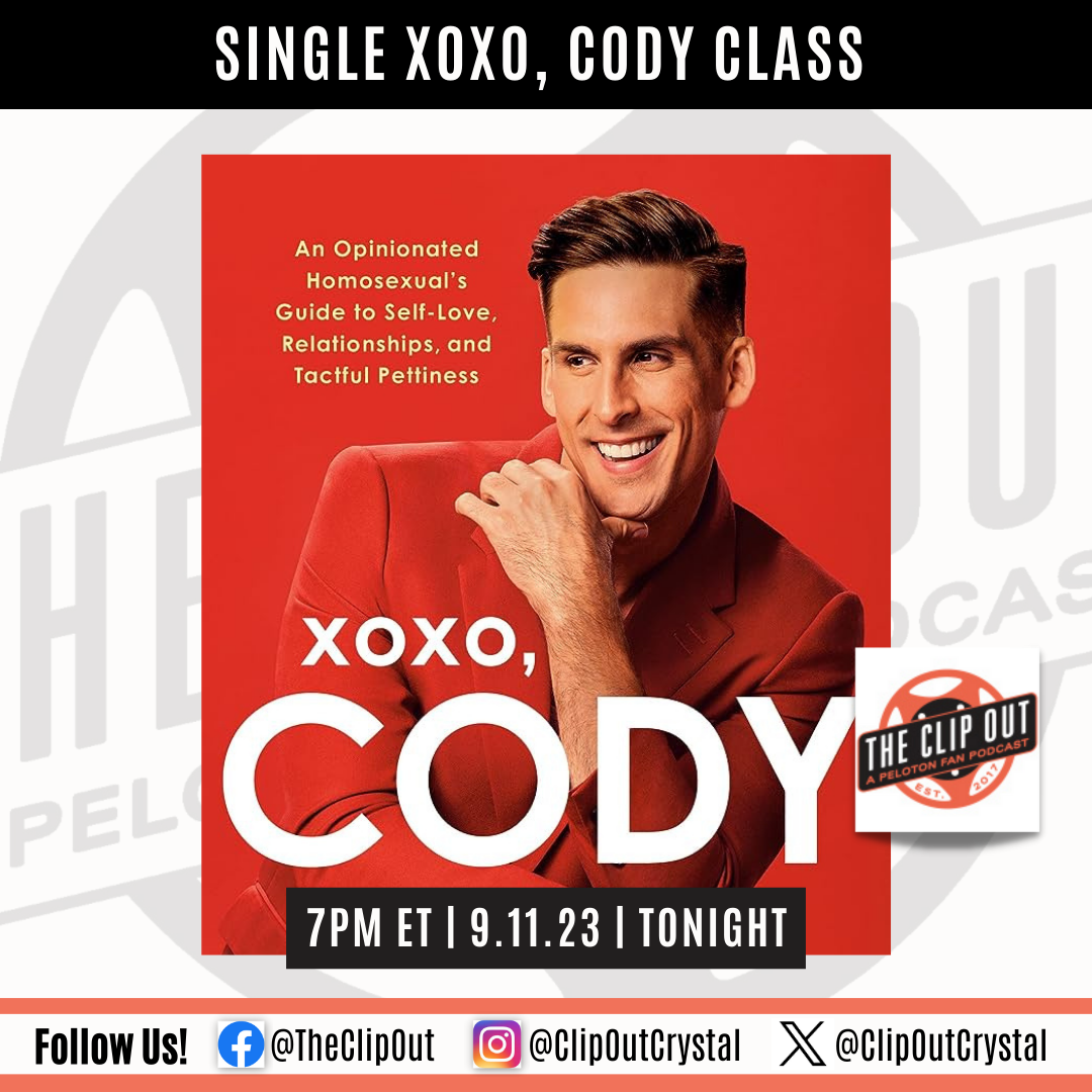 Cody Rigsby's book cover with an announcement that he is teaching a one-off XOXO, Cody class tonight, 9/11/23 at 7pm