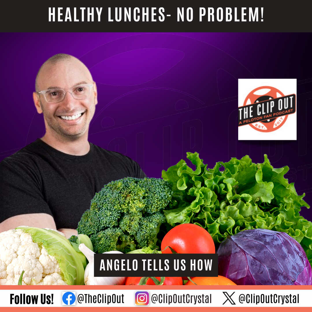 Healthy lunches - no problem! Angelo cover graphic - Angelo smiles from behind a pile of vegetables