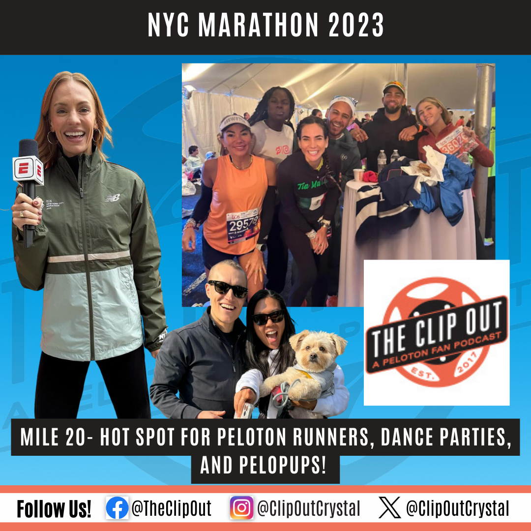 Cover art for NYC Marathon recap, showing Becs recap, the Peloton runners, and Mr. and Mrs. Wilpers with their dog cheering