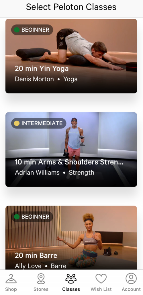 Screenshot of classes from the lululemon Peloton partnership