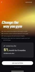 Peloton Strenght+ app introductory offer and membership fee information. $1/month for the first 6 months and $9.99/month thereafter. 