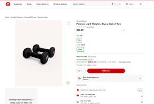 A screenshot of Peloton light weights indicating Peloton Apparel at Target