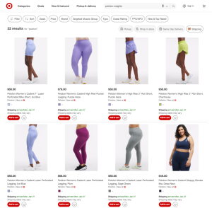 A screenshot of Peloton Apparel at Target including leggings, shorts and sports bras.