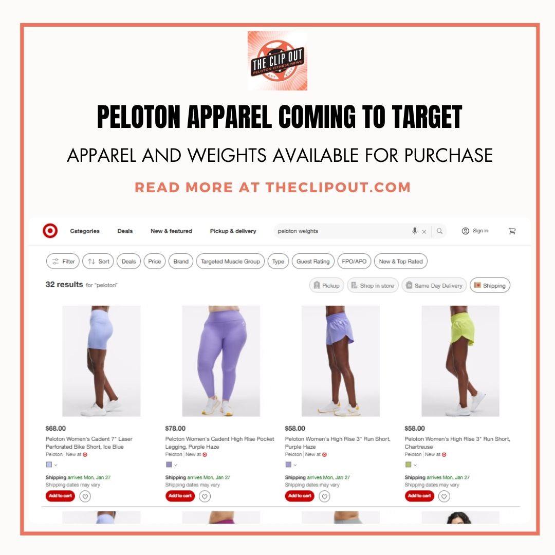 Peloton Apparel comes to Target. Apparel and weights available for purchase online.