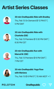 Peloton's OneRepublic Artist Series Schedule 1