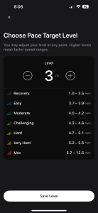 Screenshot of Pace Target feature in the Peloton app, difficulty setting.