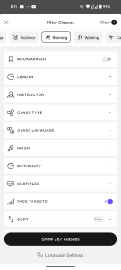 Screenshot of Peloton app filtering option