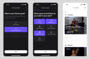 Screenshot of various phone faces showing the personalized plans offered in the Peloton app