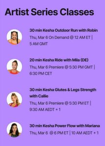 Screenshot of Kesha Artist Series classes with Robin Arzon, Mila Lazar, Callie Gullickson, and Mariana Fernandez