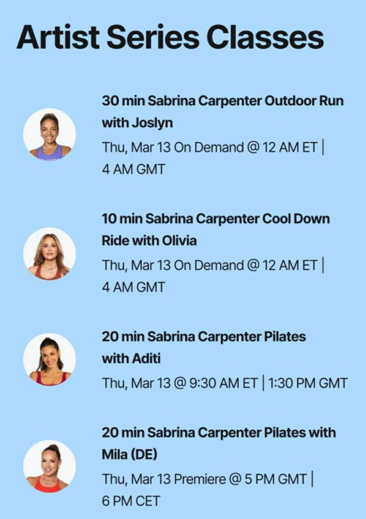 Class lineup. Outdoor run with Joslyn, Cool Down ride with Olivia, Pilates with Aditi, Pilates with Mila