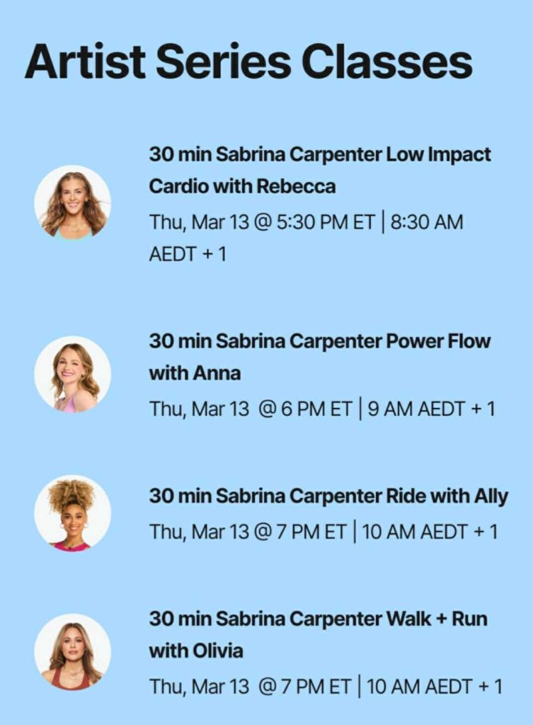 Low Impact Cardio with Rebecca, Power Flow with Anna, Ride with Ally, Walk + Run with Olivia,