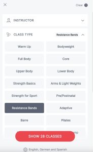 Peloton resistance bands classes for strength training and flexibility. Image of Peloton app filtering for resistance band classes.