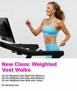 Image highlighting weighted vest walks and hikes on the peloton platform featuring Rebecca Kennedy in light blue workout clothes on a Peloton treadmill