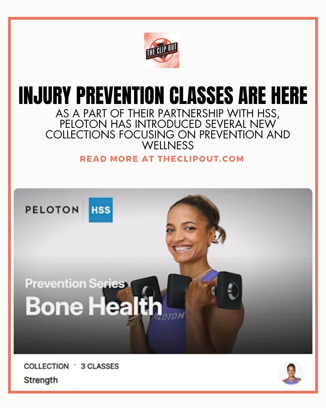 Peloton HSS classes. injury prevention classes are here. AS A PART OF THEIR PARTNERSHIP WITH HSS, PELOTON HAS INTRODUCED SEVERAL NEW COLLECTIONS FOCUSING ON PREVENTION AND WELLNESS. Read more at theclipout.com