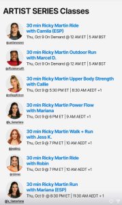 Ricky Martin Artist Series Class schedule for October 9 2025