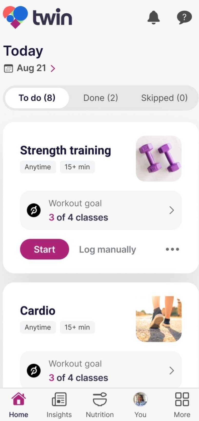 peloton twin health partnership in app example of workout