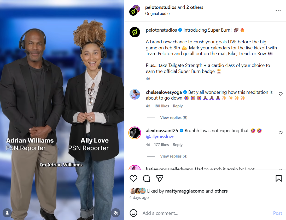 Adrian Williams and Ally Love announce Peloton's Super Burn Classes on Instagram