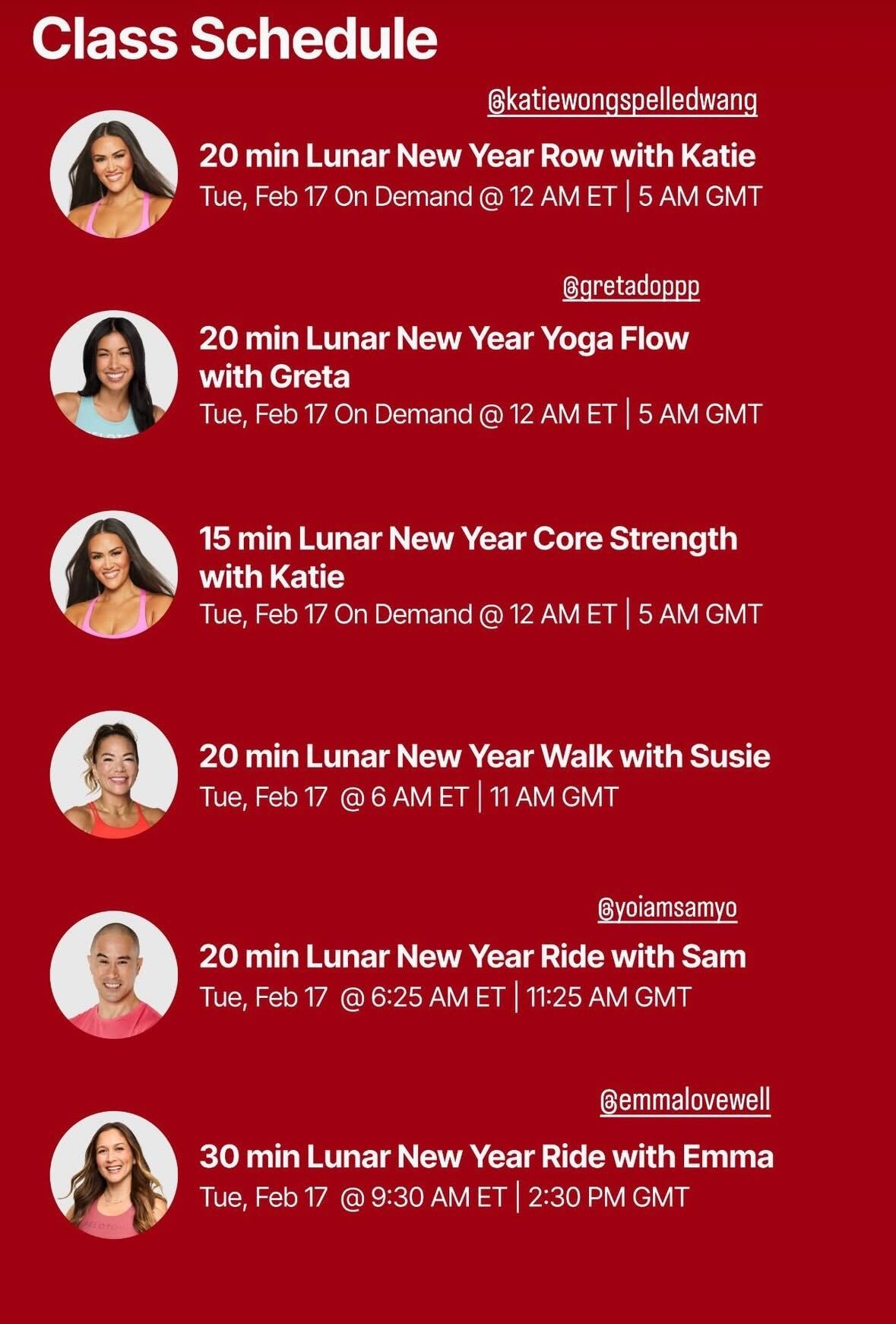Lunar New Year Class Schedule