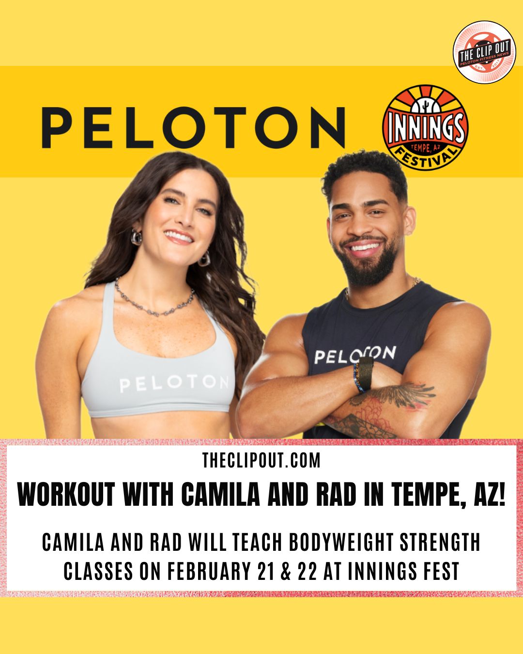 Peloton strength classes at innings fest. workout with camila and rad in tempE, az! camila and rad will teach bodyweight strength classes on february 21 & 22 at innings fest