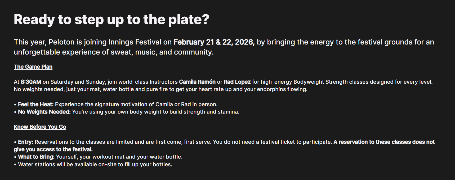Information about Peloton Strength Classes at Innings Fest