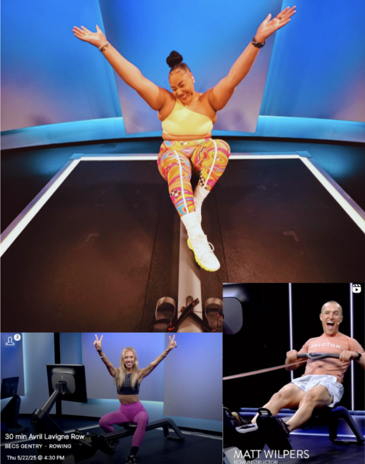 collage of Peloton instructors rowing