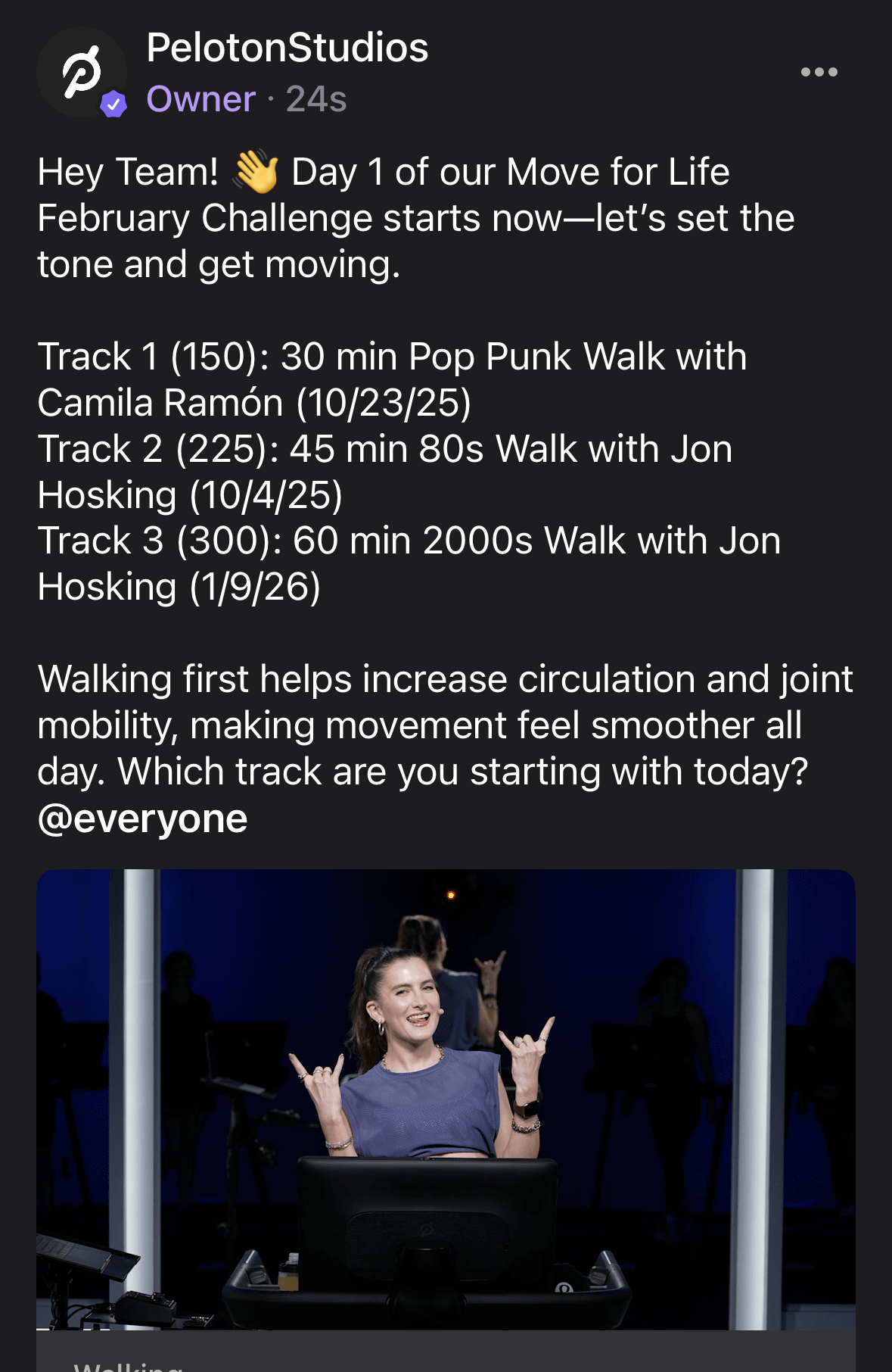 day 1 week 1 move for life challenge. Track 1 (150 minutes): 30-minute Pop Punk Walk with Camila Ramón (10/23/25) Track 2 (225 minutes): 45-minute 80s Walk with Jon Hosking (10/4/25) Track 3 (300 minutes): 60-minute 2000s Walk with Jon Hosking (1/9/26)