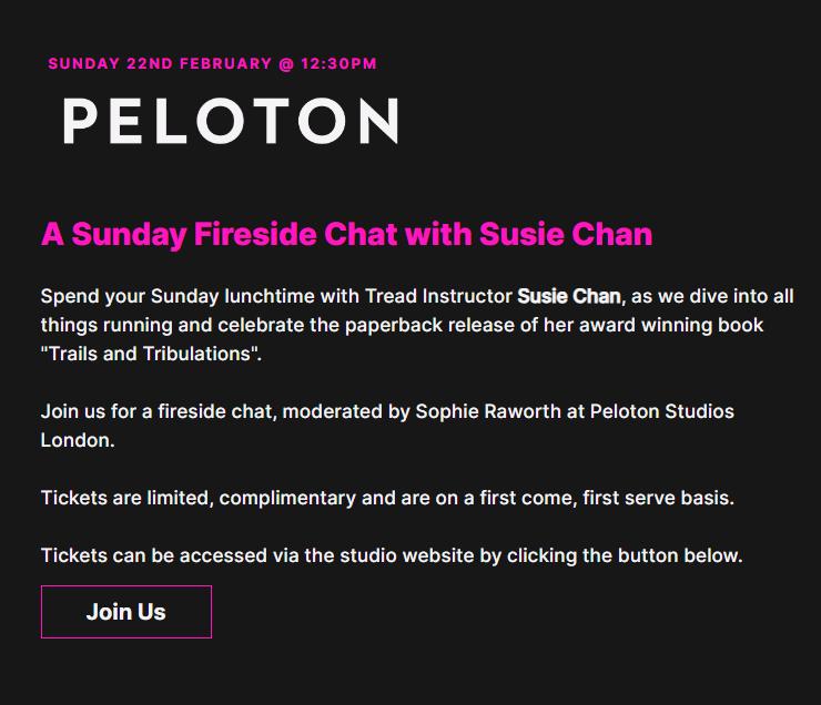peloton fireside chat with susie chan event info