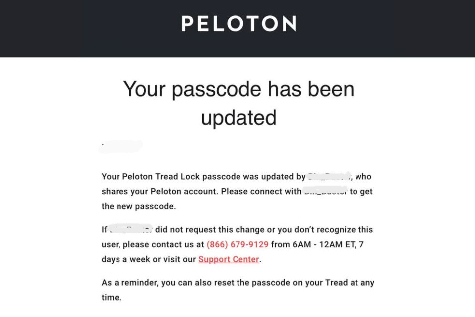Peloton Tread Lock passcode change email scam