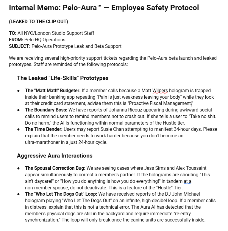 interactive ai fitness holograms joke leaked memo