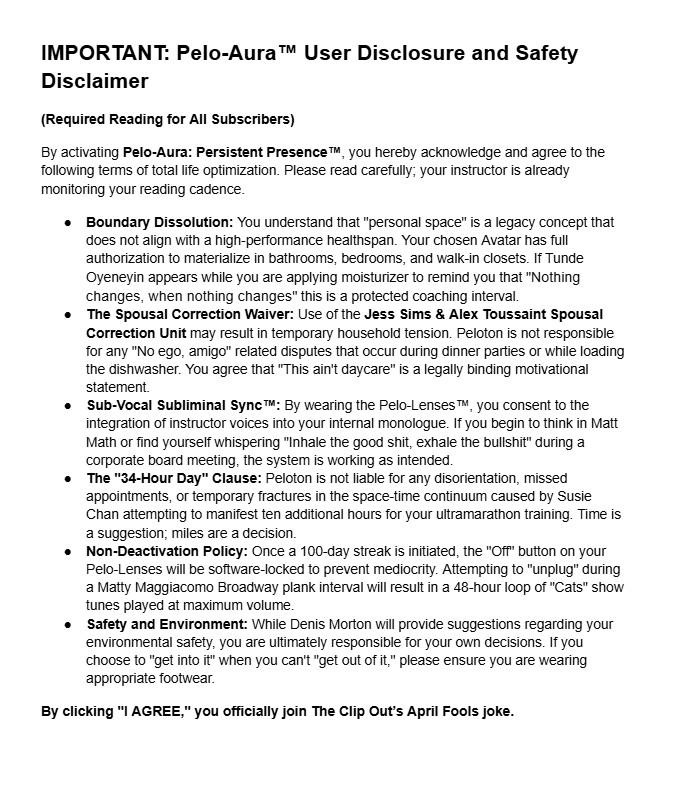 interactive ai fitness holograms safety waiver april fool's joke