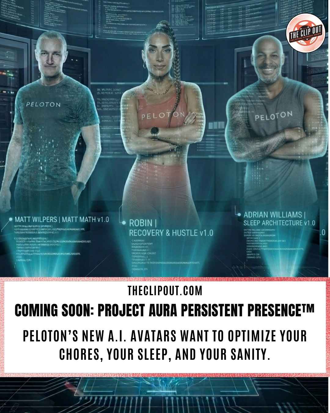 interactive ai fitness holograms matt wilpers robin arzon adrian williams the clip out april fools joke 2026