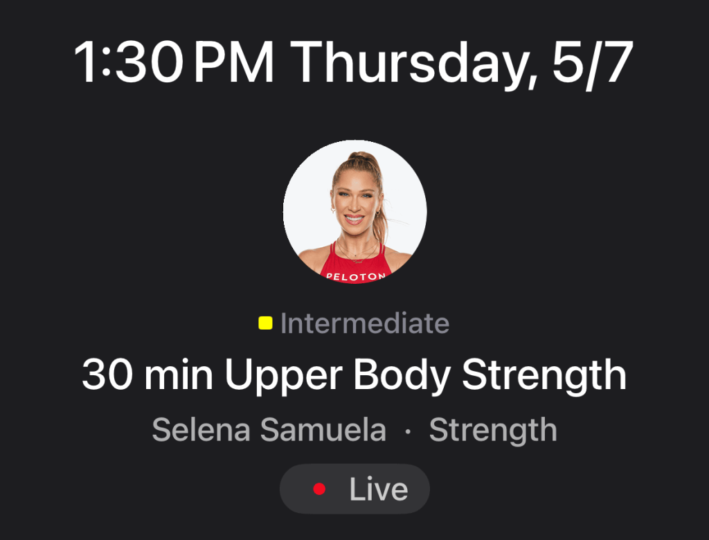 Selena Samuela's first live class - scheduled class shown from peloton schedule