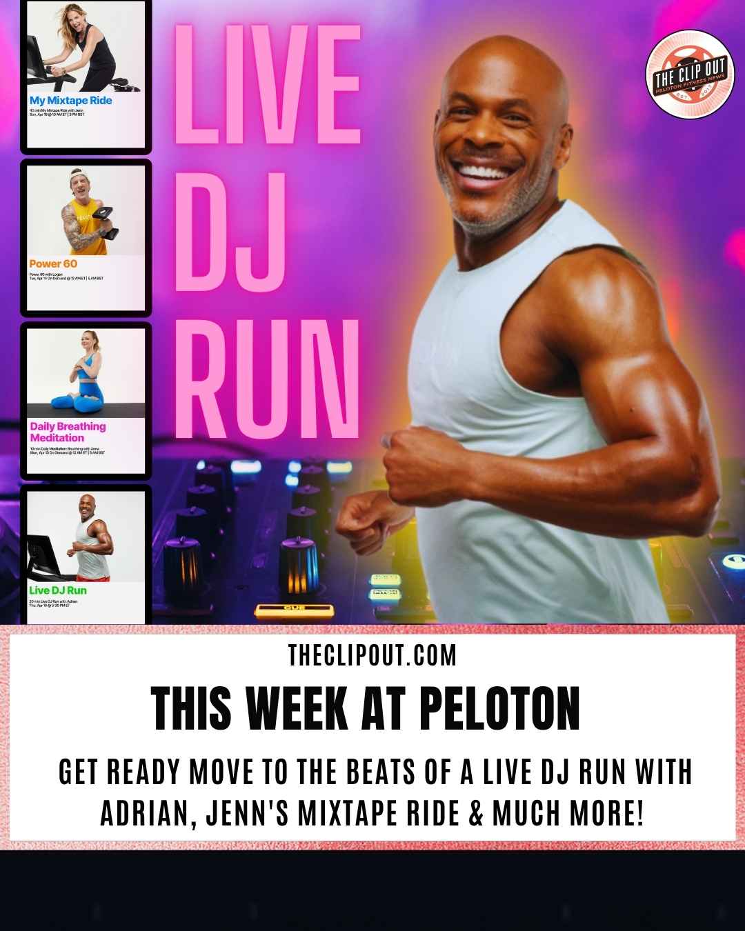 live dj run This week at Peloton Get ready move to the beats of a live dj run with Adrian, Jenn's Mixtape Ride & much more!