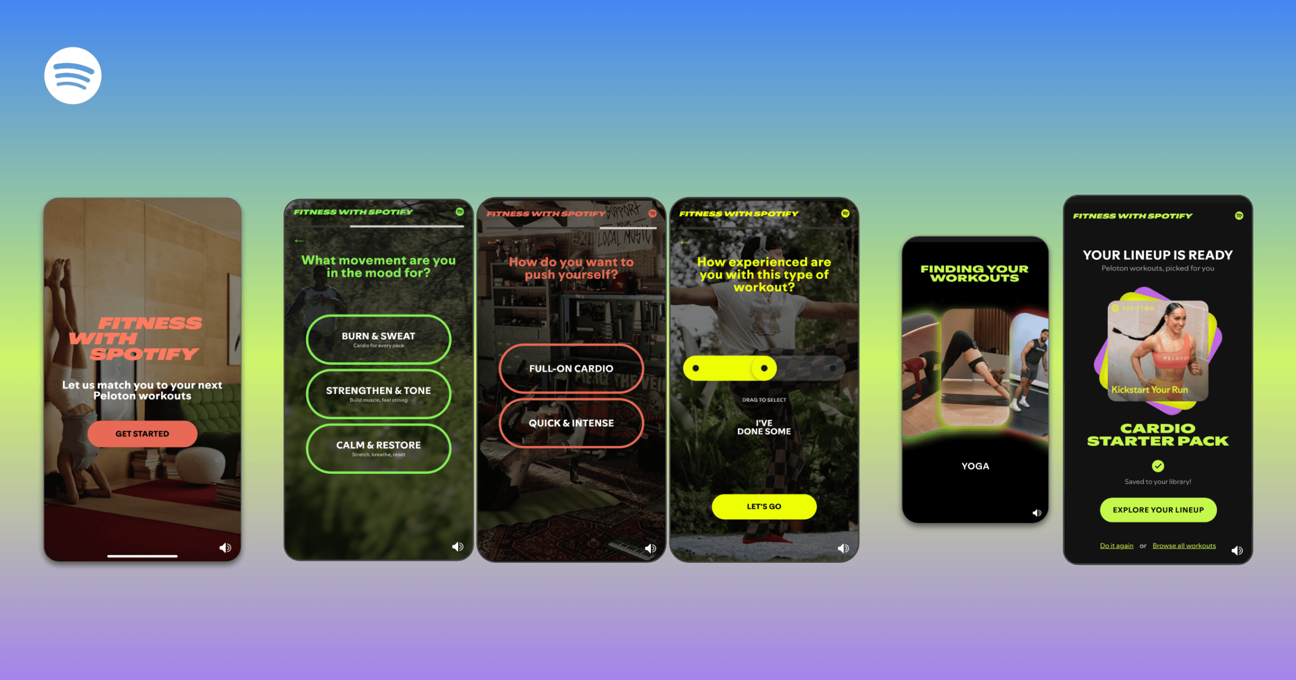 Peloton Spotify partnership onboarding screens showing class selection flow inside Spotify's new fitness category