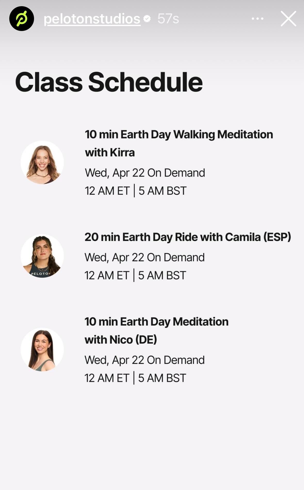 Peloton Earth Day classes schedule showing outdoor walks, runs, rides, and meditations available on demand April 22, 2026