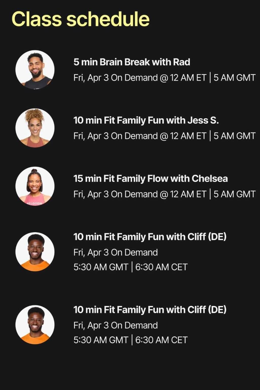 Peloton Fit Family schedule 1