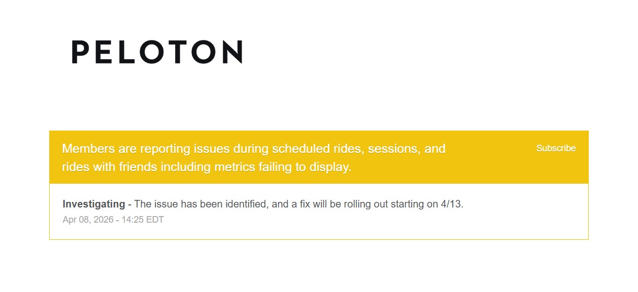 peloton ride metrics issue from status page fix rolling out april 13