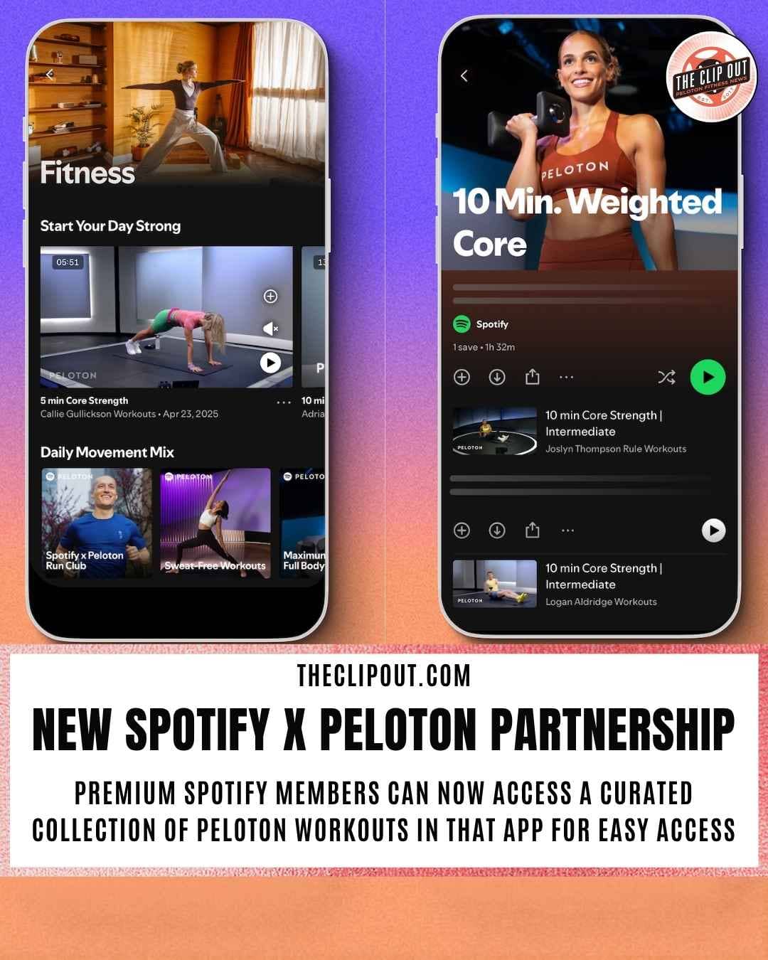 Peloton Spotify partnership onboarding screens showing class selection flow inside Spotify's new fitness category