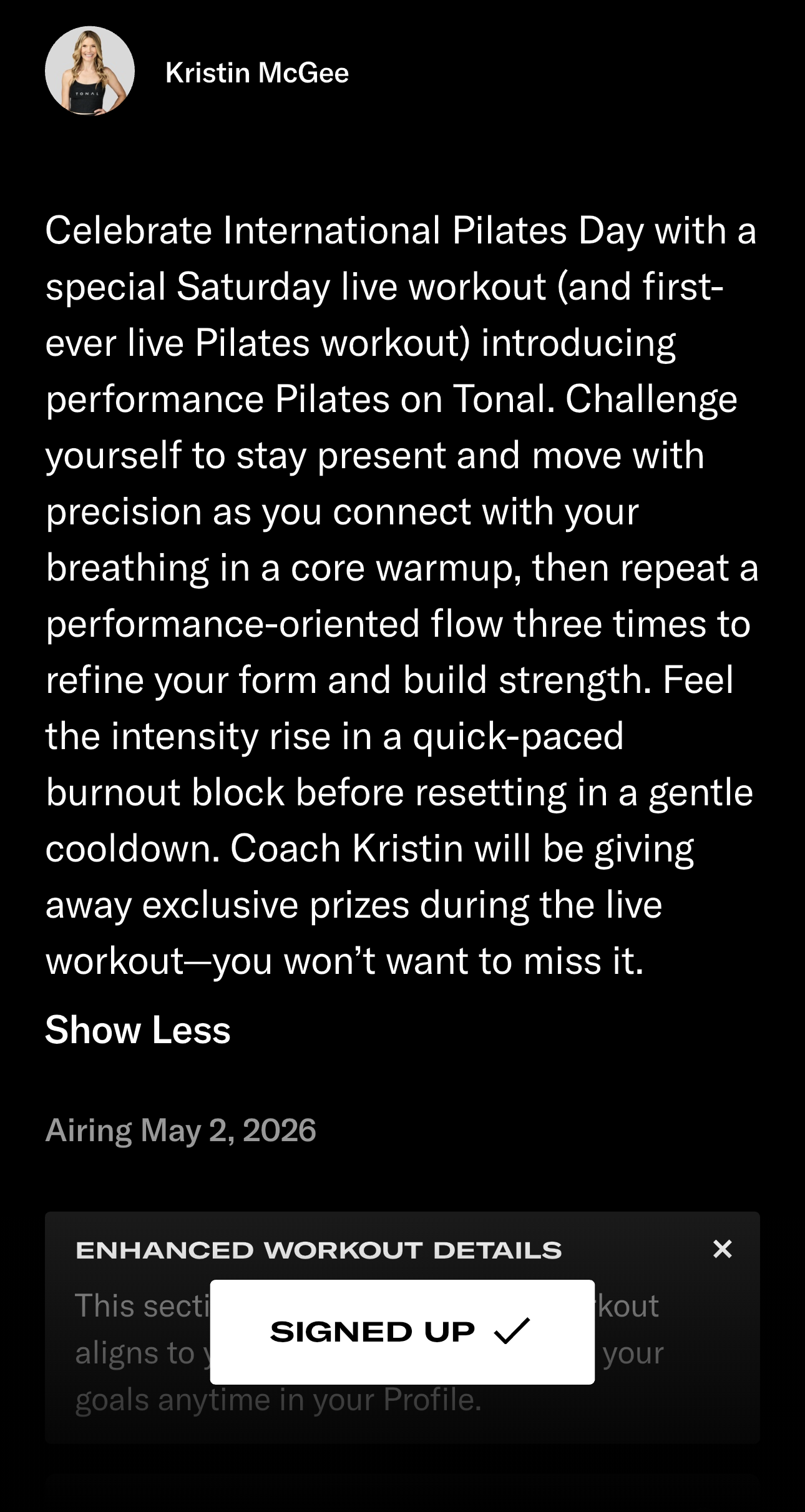 announcement of Kristin McGee's Tonal live Pilates workout on International Pilates Day on May 2, 2026