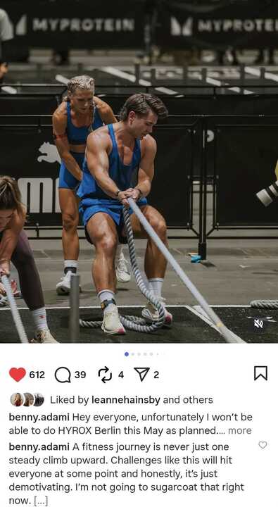 Listening to your body in competition, Benny Adami pulling a sled in a Hyrox competition 