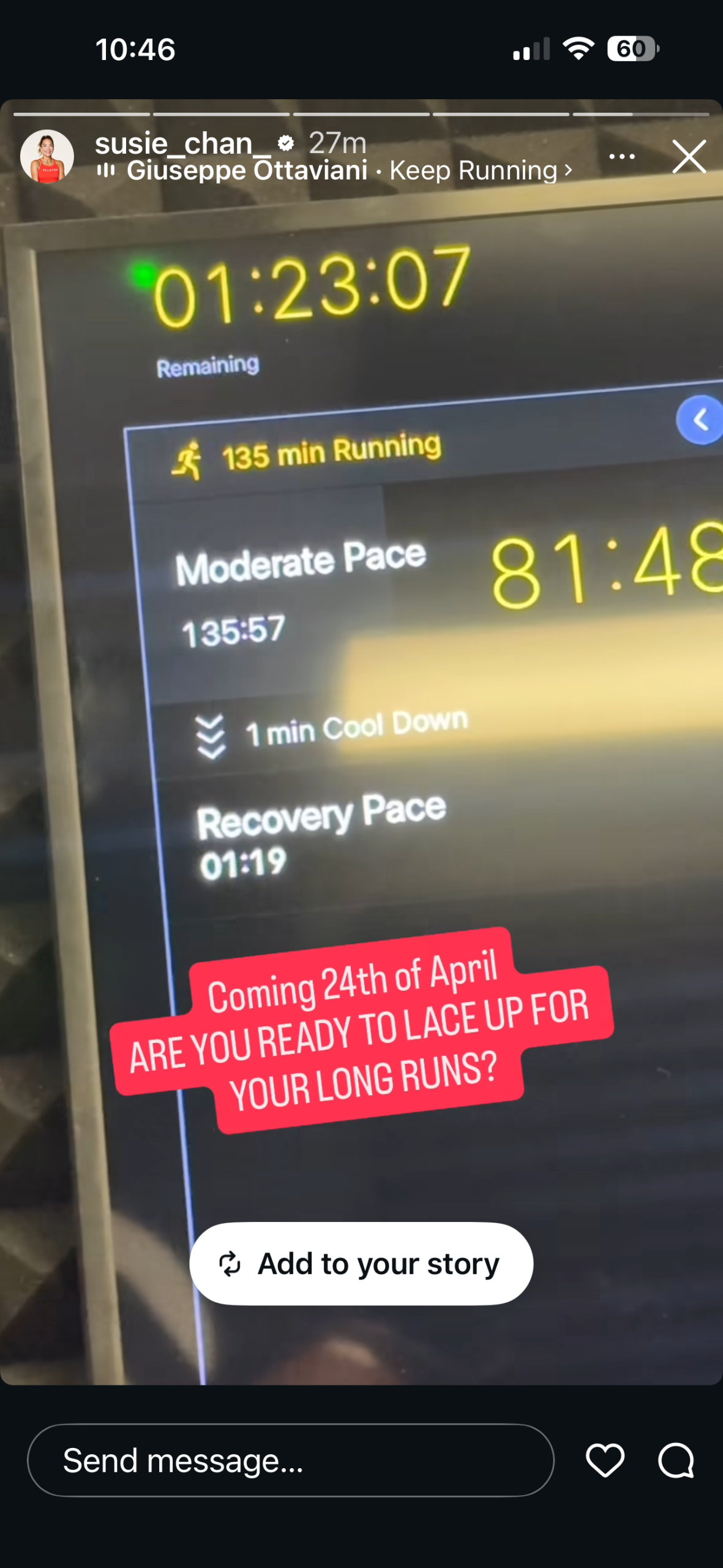 Susie Chan posted a teaser image to her Instagram stories, possibly a part of Peloton's new long run marathon training program