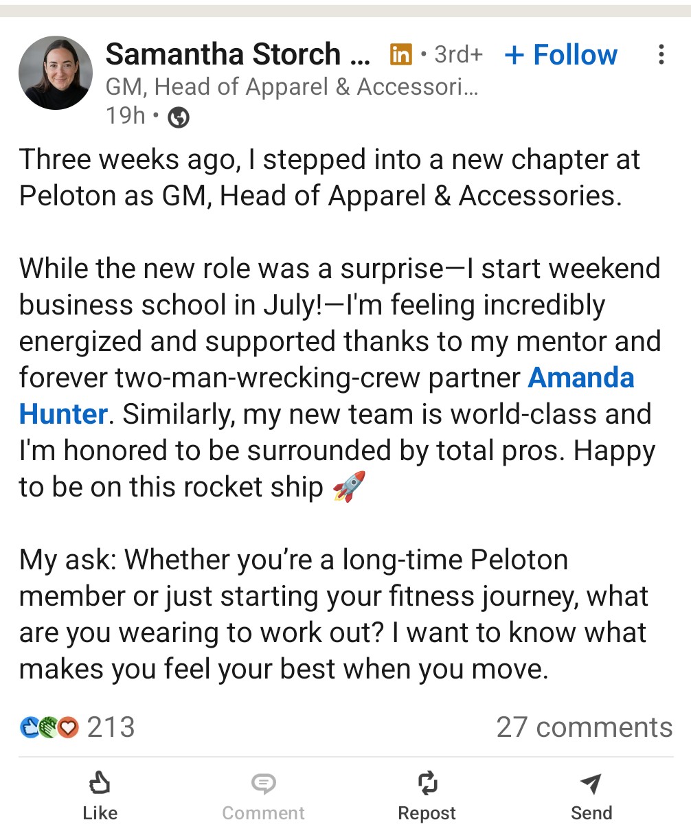 peloton apparel gm poston LinkedIn announcing her new role