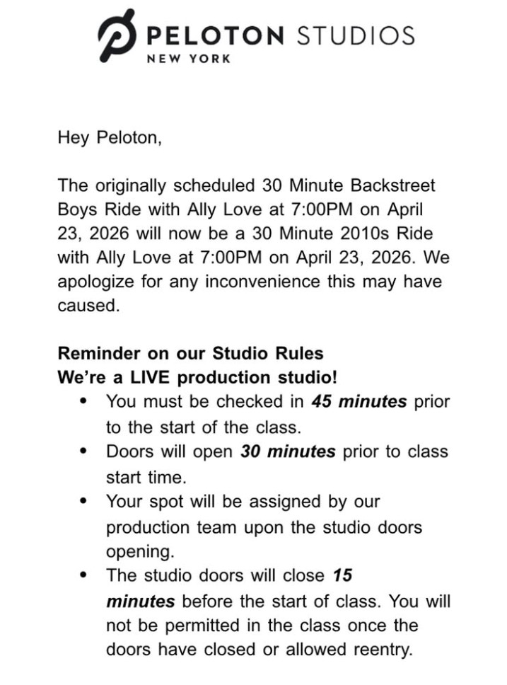peloton backstreet boys classes cancellation notice for april 23 2026 class with Ally Love