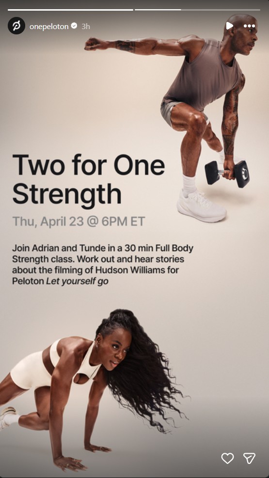 peloton strength class adrian williams tunde oyeneyin live april 23, 2026 at 6:30pm ET discussing behind the scenes of filming Let Yourself Go with Hudson Williams