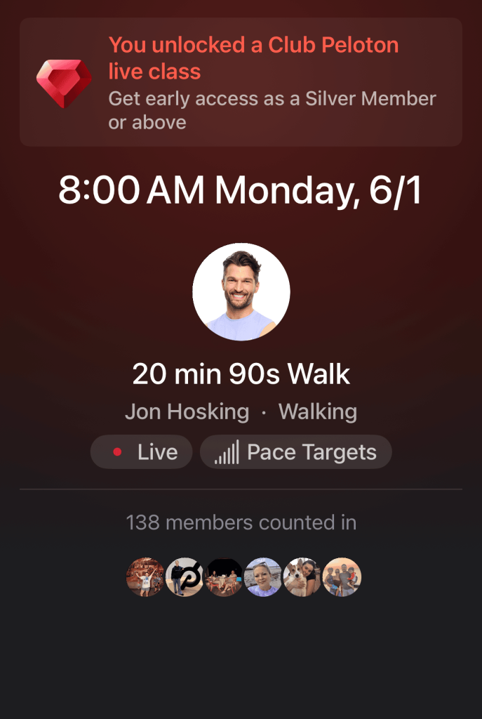 Club Peloton live class - schedule of class with Jon