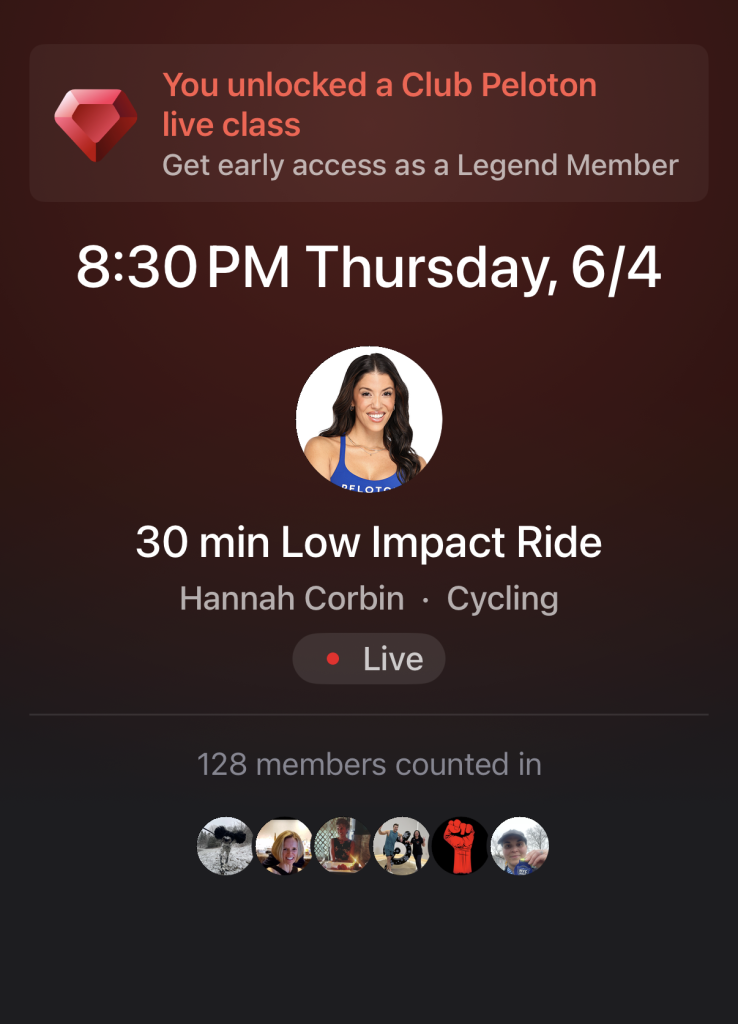 Peloton app notification showing Hannah Corbin Club Peloton live class unlocked for Legend members on June 4 at 8:30 PM ET, a 30-minute Low Impact Ride.
