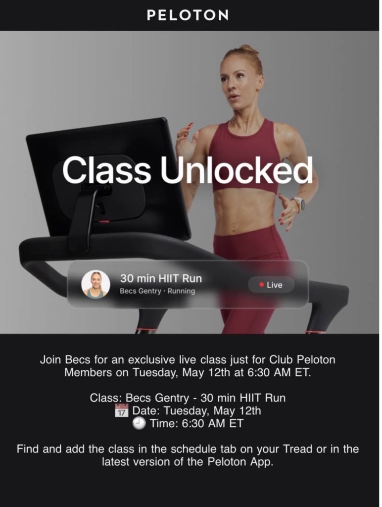 Club Peloton Live Class - email that went out