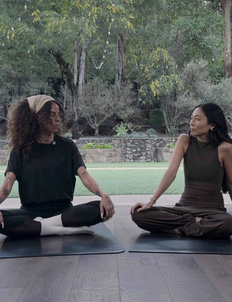 Peloton Pilates instructor Johanna Ricouz speaking in the Johanna Ricouz's lululemon feature the Warm Up series alongside yoga instructor and lululemon Ambassador Mai Izumitani